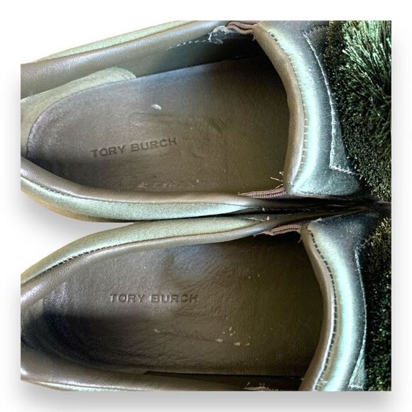 Tory Burch Daphne Pom Pom Sneaker Satin Lux Olive Green Slip On Shoe Size 8 - Picture 11 of 11